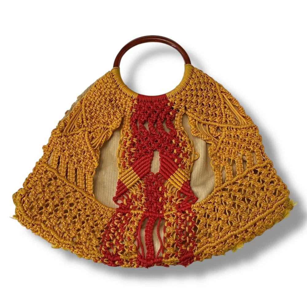 Vintage Handcrafted Yellow and Red Crochet Bag